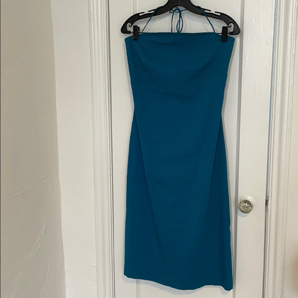 THEORY teal strapless linen blend dress Sz 6
